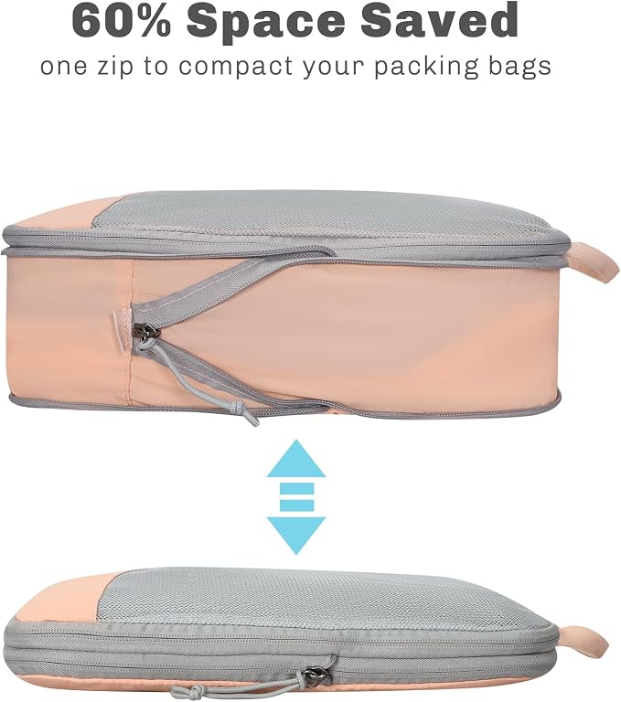 Hynes Eagle 6 Set/ 4 Set/ 2 Set Compression Packing Cubes Travel Essentials Lightweight Nylon Luggage Suitcase Organizer Bag Light Pink 6PCS - Image 5