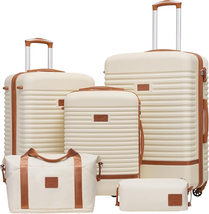 Coolife 5 piece luggage Hardside Set with TSA Lock,White(DB/TB/20/24/28) | Multi-Directional Wheels;Convenient Trolley Strap;Water-Resistant Fabric;Spacious Zipper Compartments;Lightweight ABS by COOLIFE