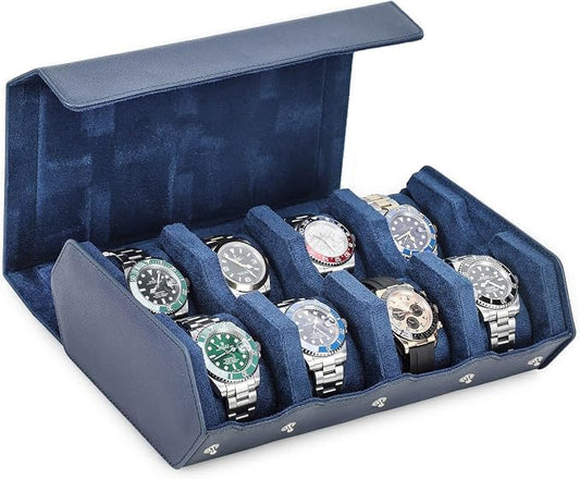 Hiram Genuine Leather Hexagon Watch Roll Travel Case, Leather 8-Watches Roll Case with Removable Pillow Cushion for Treasured Watches and Bracelets-Blue by Hiram