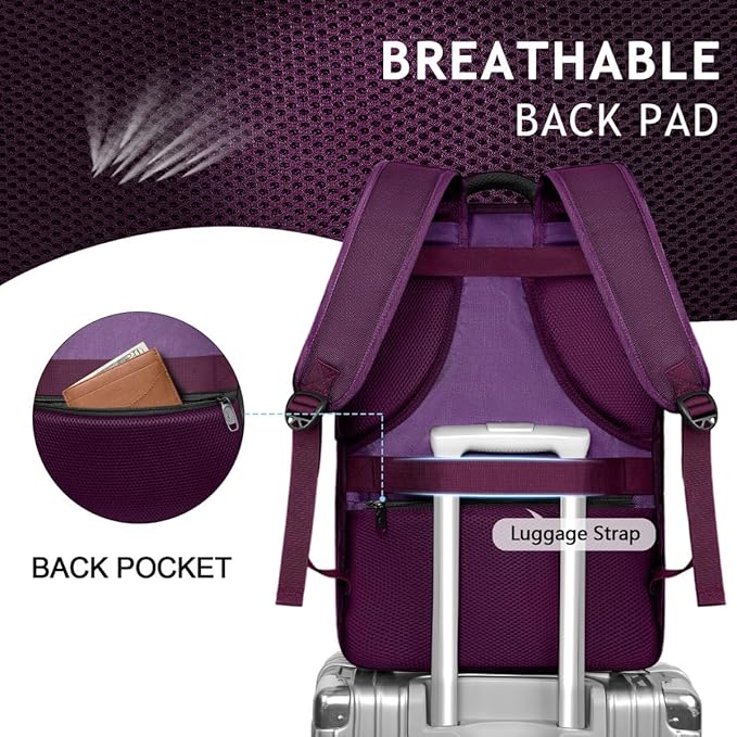 MATEIN Travel Backpack for Women, Extra Large 40L Carry on Backpack, Purple | Water Resistant, College Bag, Computer Bag, Gifts for Women & Men, Fits 17.3 Inch Laptop - Image 6