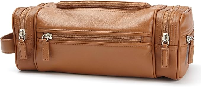 Leatherology Cognac Multi Pocket Toiletry Bag – Full-Grain Leather Travel Dopp Kit with Multiple Zippered Compartments | Spacious, Durable Organizer for Toiletries & Grooming Essentials - Image 4