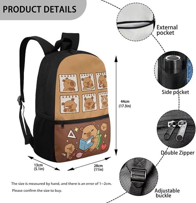 Cappybara Backpack 5 Pcs Kids Backpack with Lunch Box Water Bottle Pouch and Kawaii Pencil Case Bookmark 5Pcs Set for Travel Preschool Back to School Supplies - Image 3