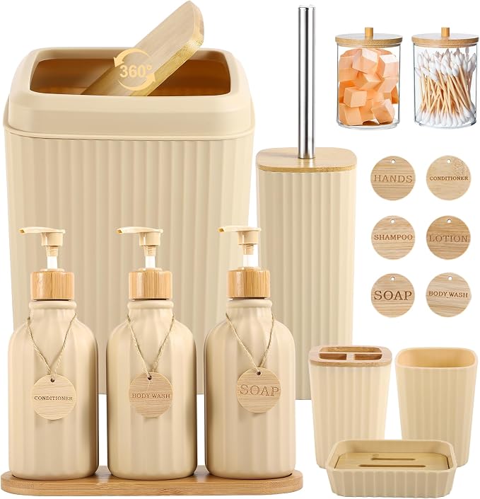 Bathroom Set 17PCS Beige Bathroom Accessories Set Bathroom Sets with Trash Can 3PCS Lotion Soap Dispenser, Toothbrush Holder,6PCS Wood Tags Bathroom Accessories for Kitchen Bathroom by BetterbathroomwithXLHOME
