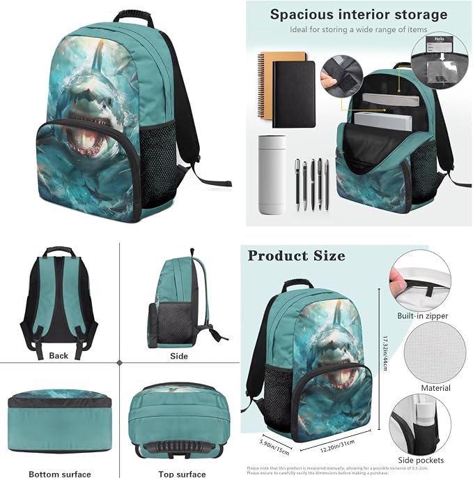 Boys School Backpack with Lunch Bag Deep Sea Shark Kindergarten School Supplies for Kids Ages 7-10 Boys Polyester Fabric Lightweight Fortable Back to School Backpack - Image 6