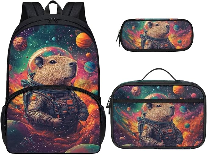 Cute Capybara Backpack for School Boys 6-7 8-9 with Lunch Box Primary Student Solar System Planets School Bag and Lunch Bag Set 2nd Grade Bookbag/Lunchbox, 3 Piece by Dremagia