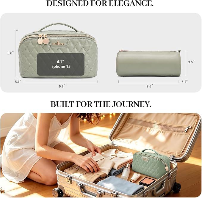 Travel Makeup Bags Cosmetic Organizer: 3Pcs Set Puffy Make up Bag for Women | Green Premium Quilted ELEGANCE Design | Large Capacity Leather Toiletry Bags | Wide Open Compact Case for Travel Essentials - Image 7