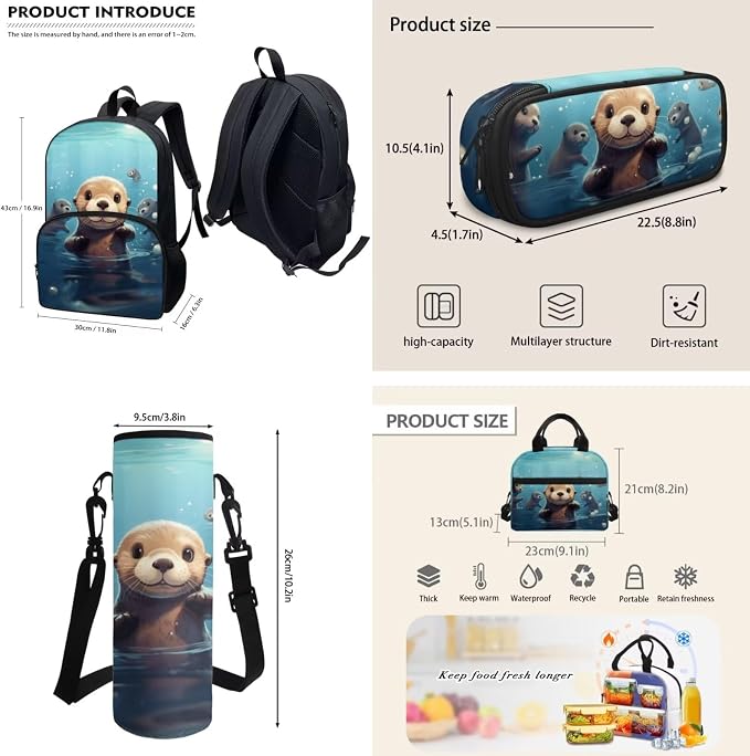 Cute Otter Backpack with Lunch Box，Pencil Bag，Bottle Carrier Bag Sling Bags，4 Pcs Children Schoolbag Set for Boy Girl Preschool，Primary,Middle School Bookbag - Image 3