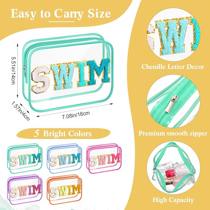 Kacctyen 20 Pcs Clear Swim Bags Chenille Letter Patch Makeup Pouch Beach Pool Toiletry Bags Waterproof PVC Preppy Cosmetic Purse Organizer with Zipper for Travel Women Girl Swimmer Essential Team Gift - Image 3