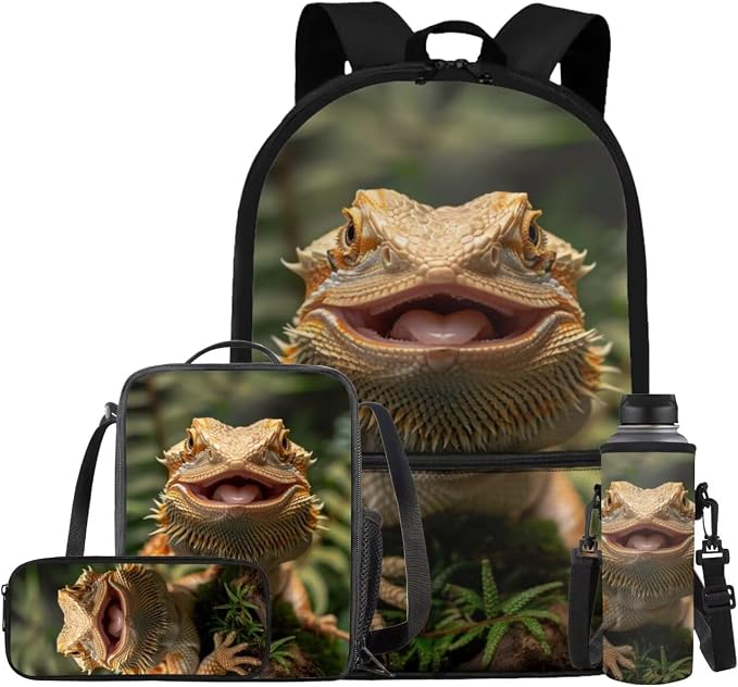 Dragon Lizard Backpack for Kids Boys Backpack with Lunch Box Water Bottle Carrier and Soft Pencil Case 4PCS Set Bookbag with Front Pocket 17 inch Lightweight School Bag Kids School Essentials by ELEDIZI