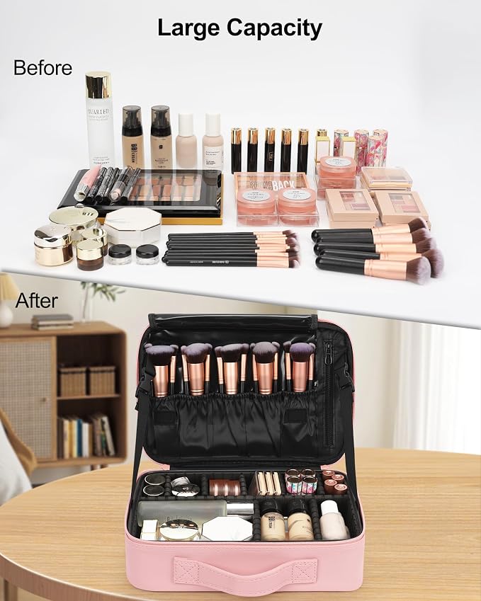 Relavel Makeup Bag Travel Makeup Train Case 13 inches Large Cosmetic Case Professional Portable Makeup Brush Holder Organizer and Storage with Adjustable Dividers and Shoulder Strap (Pink) - Image 4