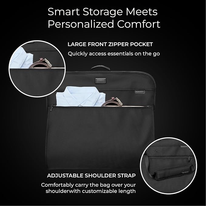 Briggs & Riley Classic Garment Bag for Hanging Clothes - Suit & Dress Travel Bag for Men & Women, Wrinkle Reducing Luggage for Shirts, Tuxedos, & Coats, Smooth Zipper - Baseline Collection, Black - Image 4