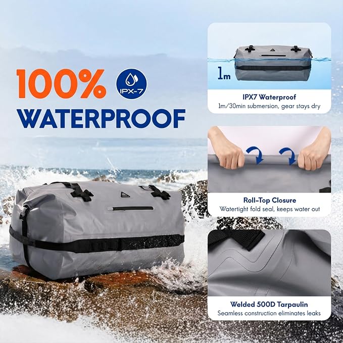 Haimont IPX7 Waterproof Roll-Top Dry Duffel Backpack | 60L/90L Sizes, 500D Tarpaulin, Welded Seams, Mesh Pockets, Boating & Kayaking - Image 2