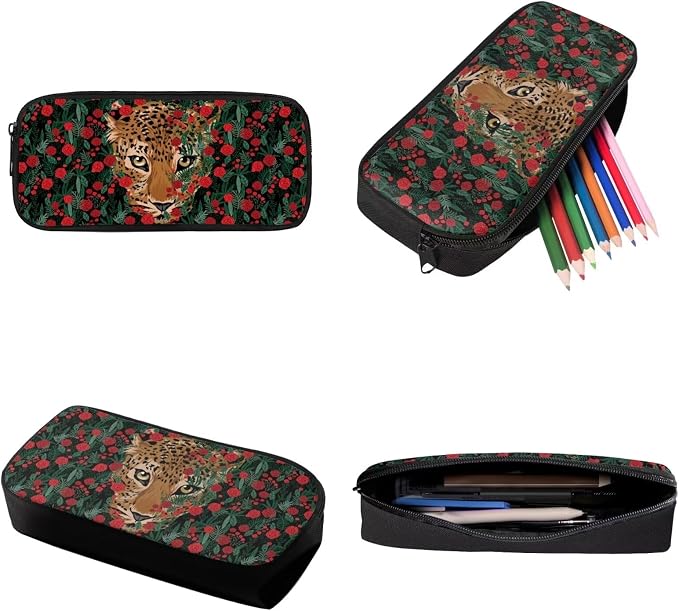 Rose Floral Leopard Print Backpack Set for Student Schoolbag Large Capacity Bookbag Lunch Box Pencil Case 17 Inch Travel Laptop Backpacks Lightweight Rucksack Daypack for Outdoor - Image 6