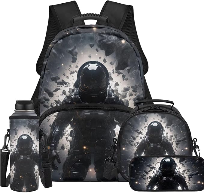 Handsome Astronaut Backpack Set Kids 4 Piece School Bag with Lunch Bag Box Pencil CaseWater Bottle Slevee Complete Matching Elementary Preschool Gifts School Gifts for Boys by Unknown