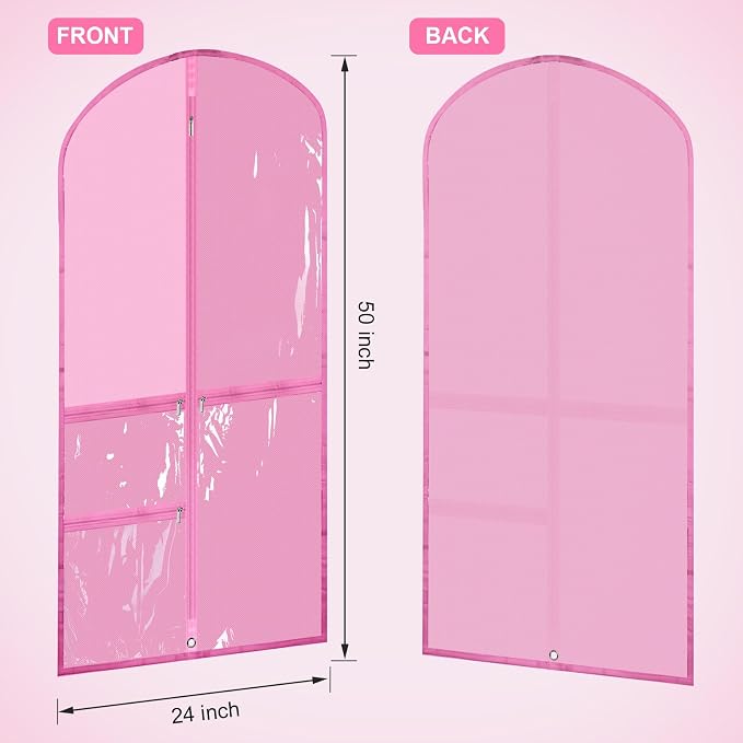 6 Pcs 24'' x 50'' Clear PVC Garment Bag Dance Costume Competition Bag with Rack Zippers Pockets Hanging Garment Covers Costume Organizer Carrier for Adults (Pink) - Image 2