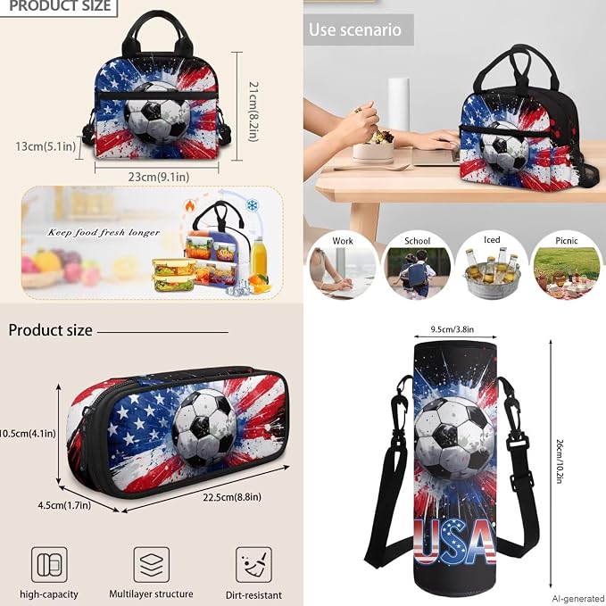 Soccer USA Flag Backpack for Boys 4PCS Travel Backpack with Lunch Box and Pencil Case Water Bottle Sleeve for Kids Children Teens Elementary Middle School 17 Inch Ball Bookbag Daypack - Image 6