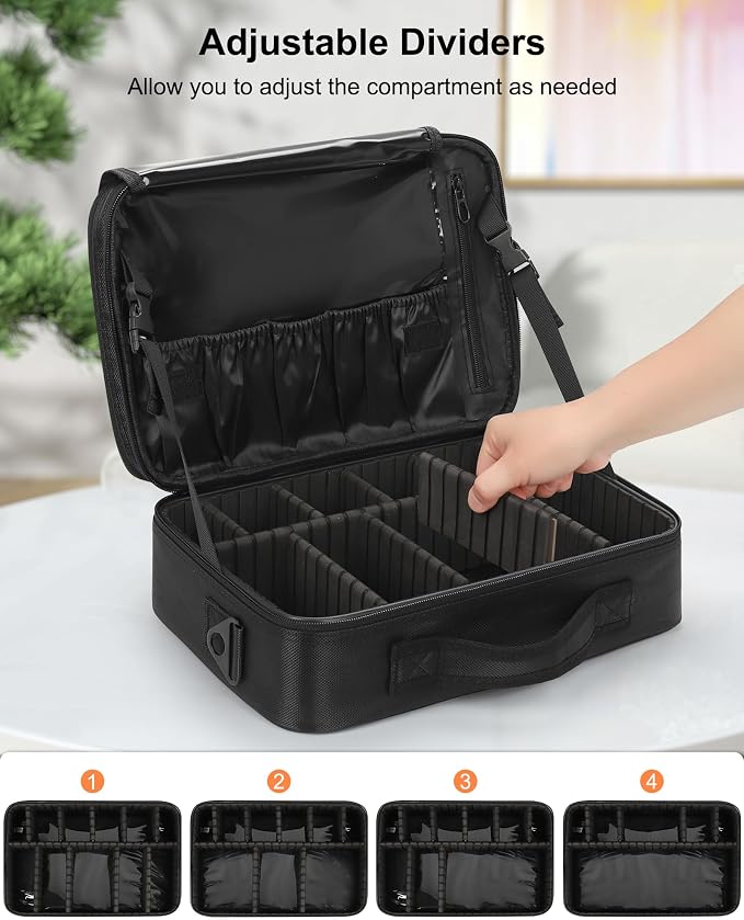 Relavel Makeup Bag Travel Makeup Train Case Large Cosmetic Case Professional Portable Makeup Brush Holder Organizer and Storage with Adjustable Dividers and Shoulder Strap Black - Image 6