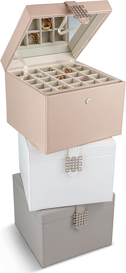 Glenor Co Earring Organizer Holder - 75 Small & 4 Large Slots Classic Jewelry Box with Drawer & Modern Closure, Mirror, 4 Trays Earrings, Ring or Chain Storage - PU Leather Case - Grey - Image 4