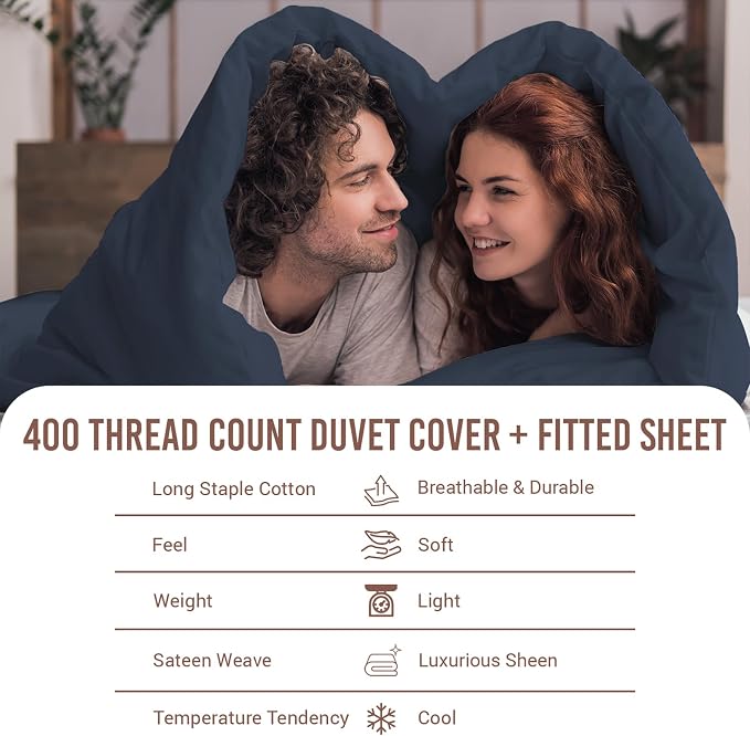 Pizuna 100% Cotton Queen 1 Pc Duvet Cover + 1 Pc Fitted Sheet Set 400 Thread Count Dark Blue Sateen Weave Luxurious Long Staple Cotton 4 Piece Bedding Set -1 Duvet Cover,2 Pillow Shams,1 Fitted Sheet - Image 4