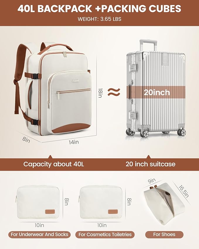 LOVEVOOK Travel Backpack for Women & Men 40L,Airline Approved Carry On Backpack Travel Essentials,TSA Carry on Luggage,Waterproof Personal Item Travel Bag,Suitcase with 3 Packing Cubes,Beige-Brown - Image 5