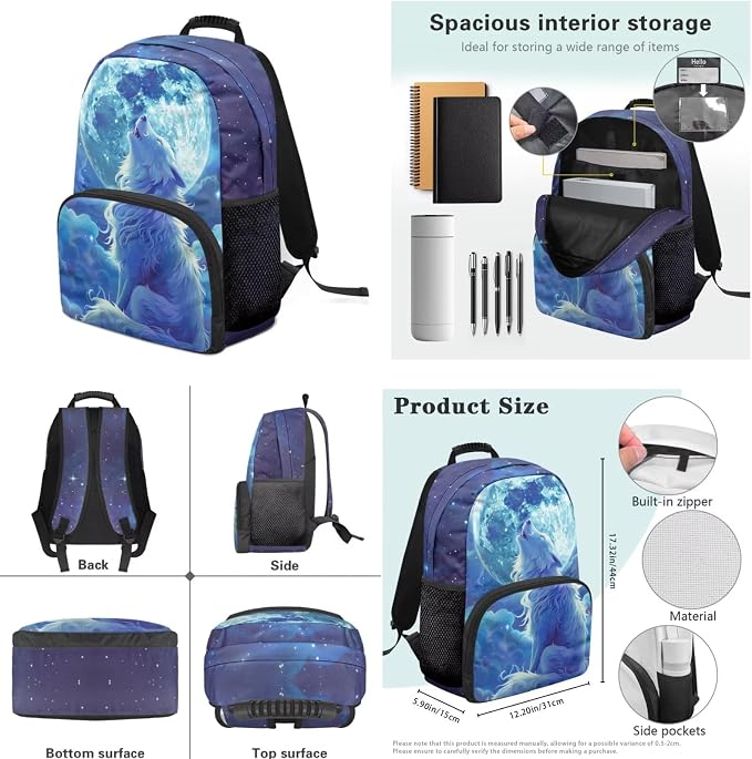 Elegant White Wolf Kids Backpack with Lunch Box Kindergarten Elementary Middle School Lightweight Waterproof Multifunctional Large Capacity for Backpack 17 inch 4pcs - Image 5