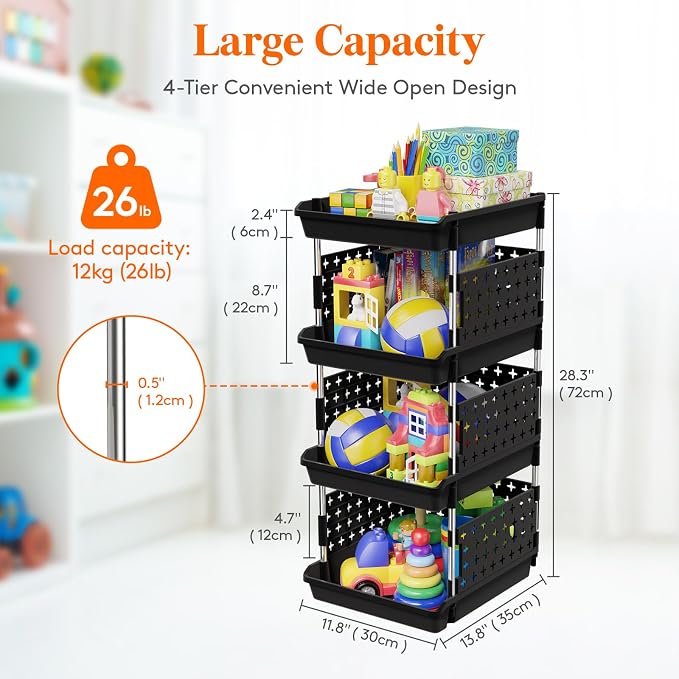 Lifewit Plastic Stackable Storage Baskets, 4 Tier Stacking Bins for Food and Clothes, Multifunctional Organizer for RV, Kitchen, Playroom, Pantry, Black, 35 x 30 x 72 cm/14 x 12 x 28 inch, 1 Pack - Image 3