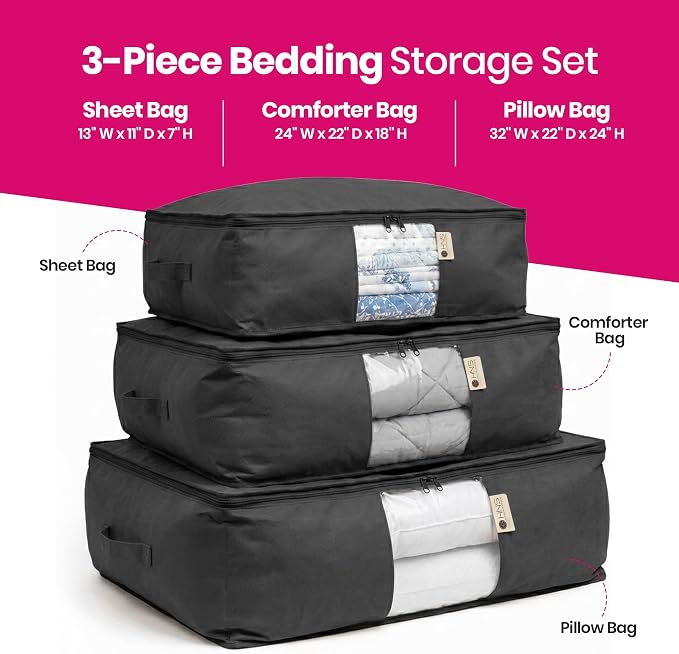 Cedar Storage Bag Organizer for Bedding Set - Protects from Moths, Moisture, Dirt & Dust - Set of 3 Storage Bags for Bed Sheets, Comforter, Pillows & More - Space-Saving Bedding Organizer, Black - Image 3