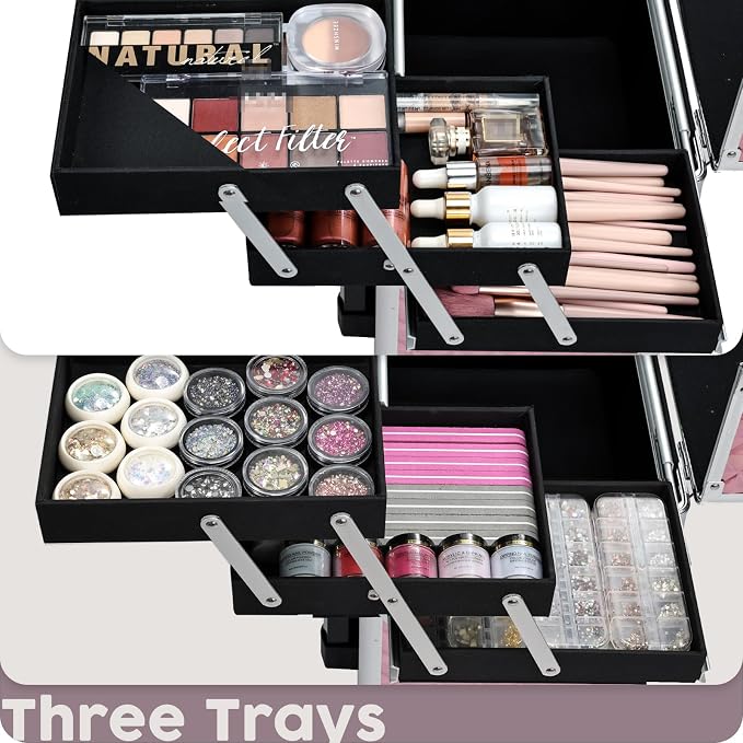 Rolling Makeup Case with Drawer Cosmetology Case on Wheels Makeup Trolley Sliding Drawer Makeup Travel Case for Esthetician, Mobile Stylist, Manicurist Barber Case Traveling Cart Trunk Glitter Pink - Image 3