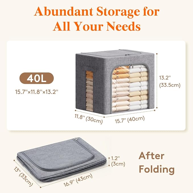 Lifewit Clothes Storage Bins with Metal Frame, Stackable Storage Box, Foldable Clothing Storage Bins with Lids, 40L Storage Bags Fabric Box Organizer with Clear Window＆ Zippers＆ Sturdy Handles 12 Pack - Image 4