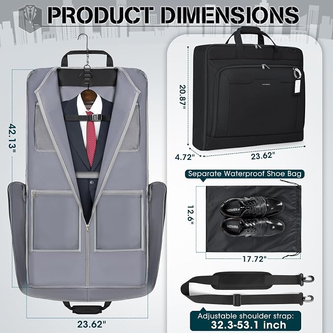 RAINSMORE Garment Bags for Travel Carry On Garment Bag for Hanging Clothes, Suit Bag for Business Trips with Shoes bag & Shoulder Strap, Waterproof Foldable Suit Luggage Bag for Men Women, Black - Image 4