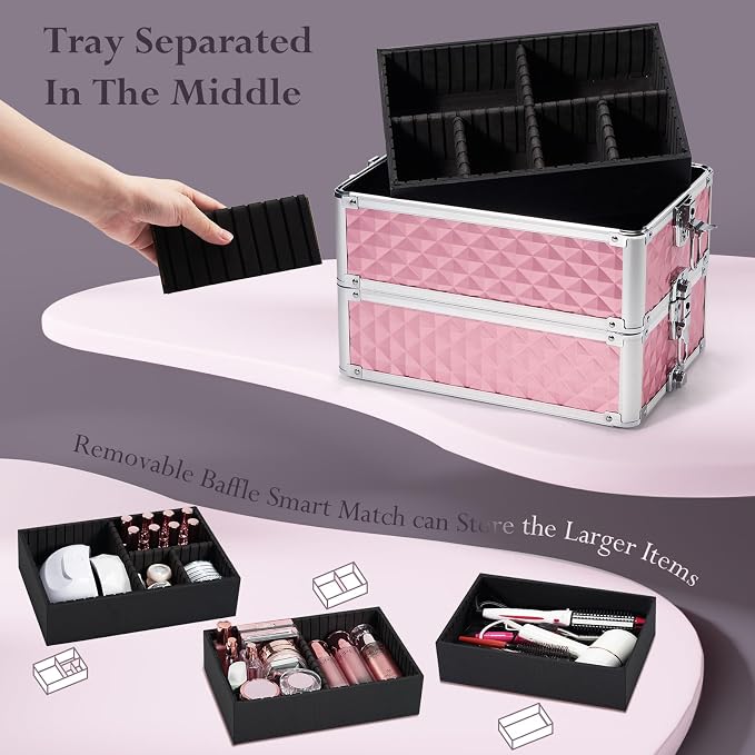 Faquenc Professional 4 in 1 Rolling Makeup Train Case with Wheels Cosmetic Trolley and Cosmetology Cart Trunk for Makeup Artists Hairstylists Nail Techs and Salons Large Capacity Pink - Image 3