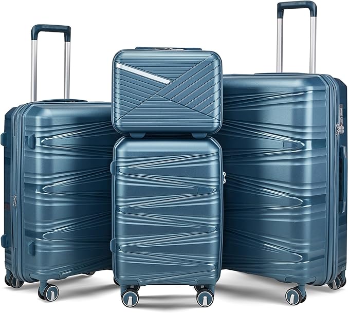 TRAVELEO 4 Piece Luggage Set PP Hardshell, Expandable Suitcase Set (20/24/28) with 14" Cosmetic Case, Lightweight Spinner Wheels with TSA Lock, Detachable Wheels for Nesting Storage (Peacock Blue) by Unknown