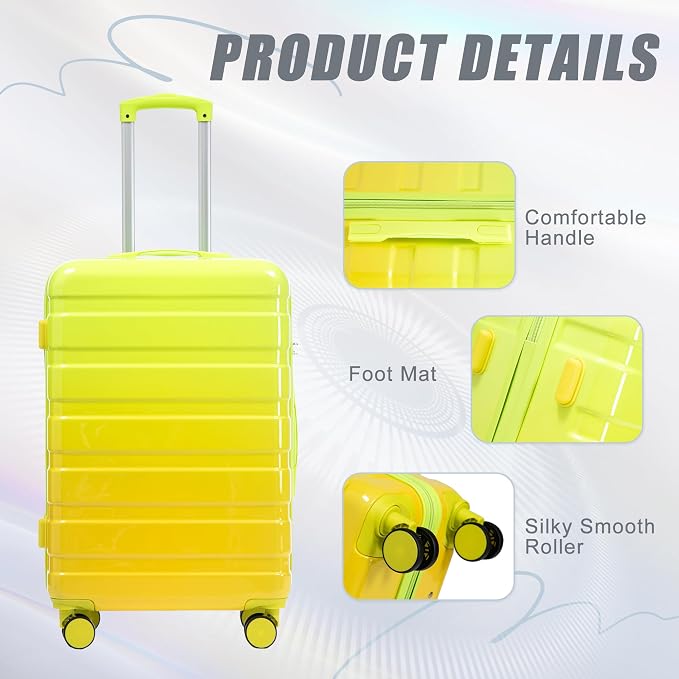 GDFStudio 20/24/28 Inch 3 Piece Luggage Set, PC Hard Shell Spinner Suitcase with Gradient Color Design, 360° Silent Wheels, Combination Lock, Large Capacity Carry On & Checked Luggage, Yellow Green - Image 4