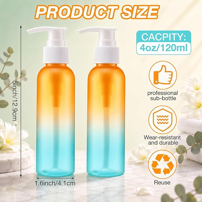 Nuenen 48 Pcs Refillable Empty Lotion Bottles 4oz/120ml Plastic Pump Bottles Conditioner Shampoo Dispenser Leak Proof Pump Container for Body Wash, Creams, Liquid Soap(Orange Green Gradient) - Image 2