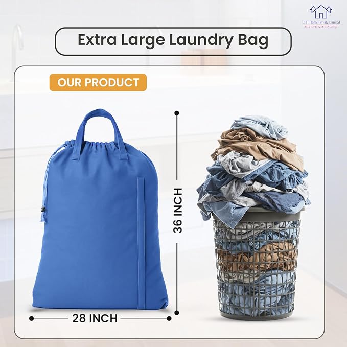 LFH Home Cotton Rich Canvas Large Laundry Bag with Handle, Heavy Duty Drawstring Closure Washable Laundry Bags, School Travel, Home, Hotel, College Dorm, Organizer Sack, Toys Clothes 28x36-Sky Blue - Image 2
