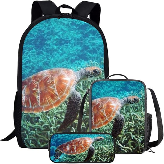 Kids Novelty Animal Backpack and Lunch Box for Boys Girls Student Lightweight 17 Inch School Sea Turtle Backpack with Lunch Bag Pencil Case Kids Comfy Padded Black Large Bookbag by Parprinty