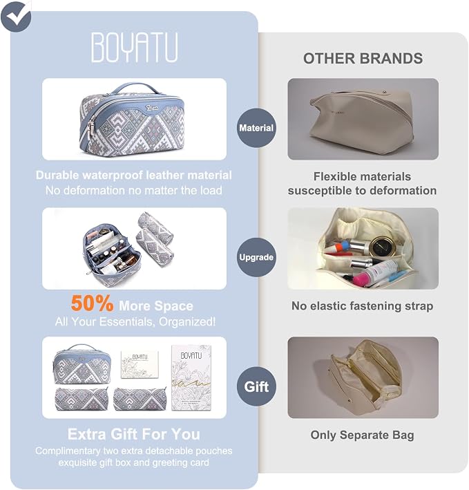 BOYATU Travel Makeup Bag Organizer: Boho Large Capacity Cosmetic Bag Sets | 3Pcs Waterproof Leather Toiletry Bags | 180°Open Flat Make up Case with Compartments | Western Travel Essentials for Women - Image 7