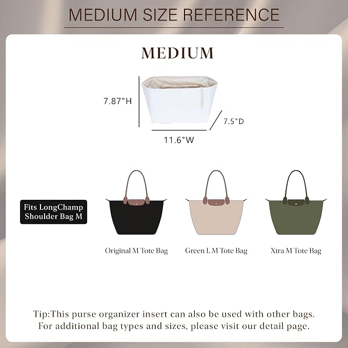 DOXO Purse Organizer Insert for Longchamp Le Pliage Medium, 6-Compartment Bag Organizer with YKK Zipper Pocket, Cup Holder, Key Chain, Waterproof DupontPaper Lightweight Handbag Shaper (White Beige,M) - Image 2