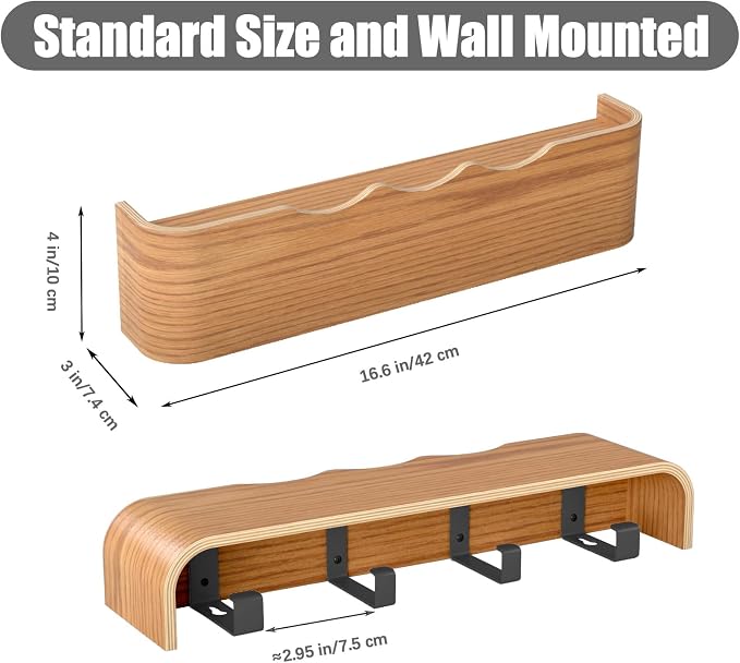 Coat Rack Wall Mount with Shelf 4 Hidden Hooks Modern Wooden Key Holder Entryway Organizer for Hallway Bedroom Bathroom Home Decor Storage for Hanging Coats Hats Bags Towels, Wave-Shape Oak - Image 3