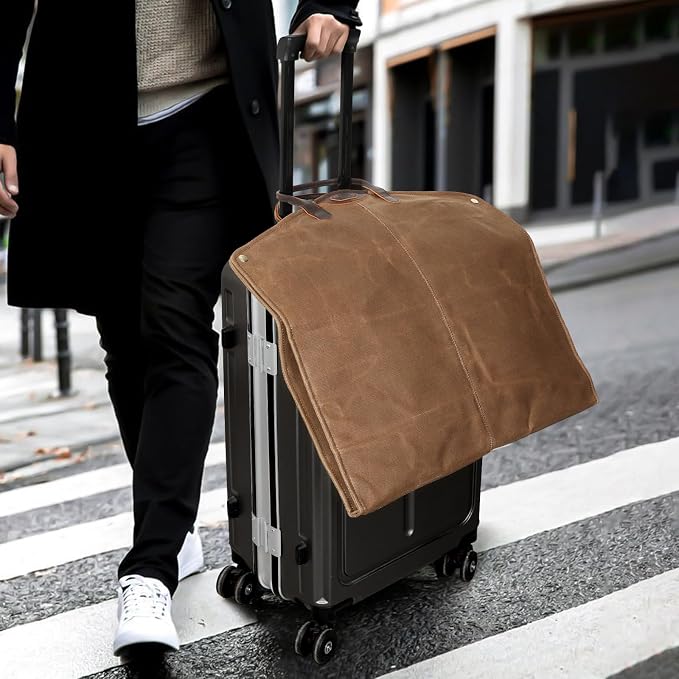 Polare 43” Waxed Canvas Full Grain Leather Trim Garment Bag for Travel, Large Carry on Business Suitcase Cover with YKK Zipper, Waterproof Hanging Suit Garment Cover with Handles,1 pack - Image 4