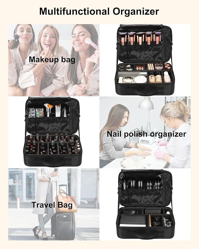 Relavel Makeup Bag Travel Makeup Train Case Large Cosmetic Case Professional Portable Makeup Brush Holder Organizer and Storage with Adjustable Dividers and Shoulder Strap Black - Image 7