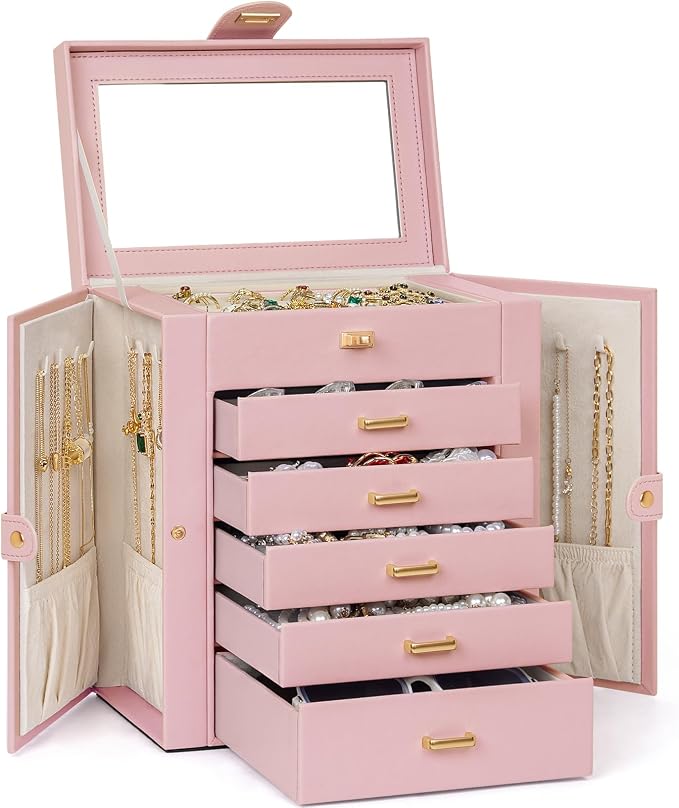 AKOZLIN 6-Tier Jewelry Box Organizer Functional 5 Drawers Leather Jewelry Storage Case for Women Girls Ring Necklace Earring Bracelet Holder Organizer with Mirror Medium Pink - Image 8
