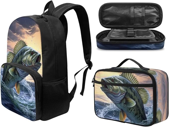 Bass Fish Backpack with Lunch Box and Pencil Case 3Pcs Backpacks Set Lightweight Casual Daypack for Boys Girls 17 inch Kids School Bag, Rucksack - Image 2