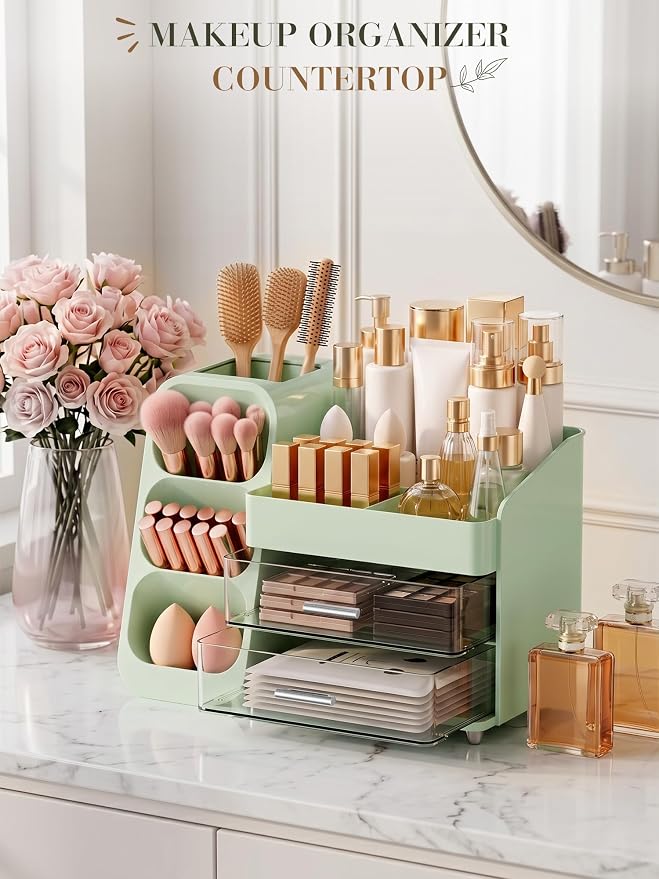 Makeup Organizer with Drawers,Large Capacity Countertop Organizer for Vanity,Bathroom and Bedroom Desk Cosmetics Organizer,Easy To Storage Skincare,Brushes,Lotions (Green) - Image 4
