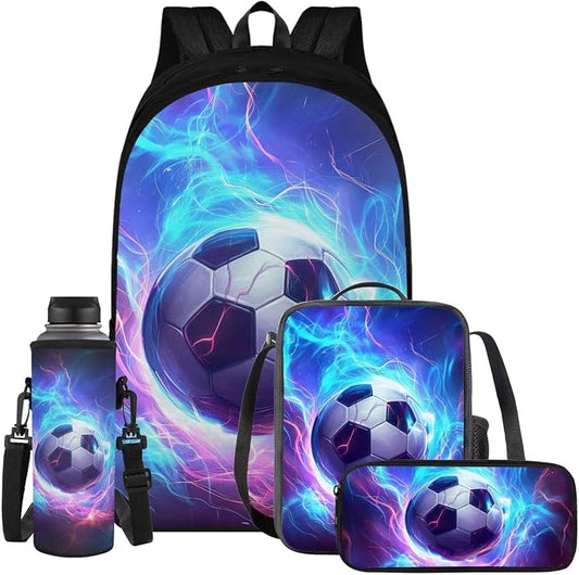 Lightning Soccer Backpack for Boys Girls Backpack with Lunch Box Water Bottle Holder with Strap and Pencil Case 4PCS Set Bookbag with Compartments for School 17 inch Sturdy School Bag for Kids by ELEDIZI
