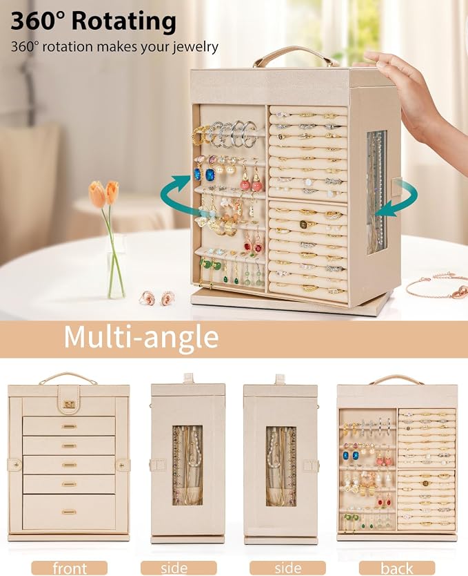 AKOZLIN 6-Tier Jewelry Box Organizer Functional 5 Drawers Leather Jewelry Storage Case for Women Girls Ring Necklace Earring Bracelet Holder Organizer with Mirror XL Champagne 360° Rotating - Image 3