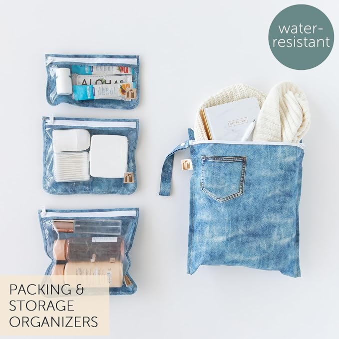 Bumkins Roamio Wet Bag and 3-Pack Clear-Sided Travel Pouches, Waterproof Fabric Organizer for Toiletries, Gym Clothes, Swim Gear, Shoes, Accessories, TSA Compliant Packing Set, Faux Denim 4-pc Set - Image 2