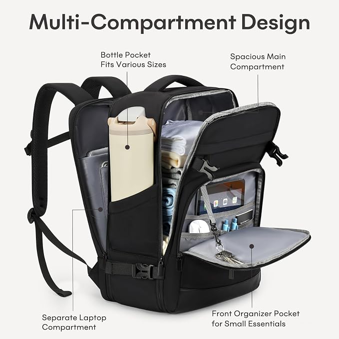 mibasies 40L Travel Backpack for Women & Men: Flight Approved Carry On Backpack, TSA Personal Item Bag with Water Bottle Pocket, Weekender Essentials Backpacks fits 17" Laptop - Black - Image 3