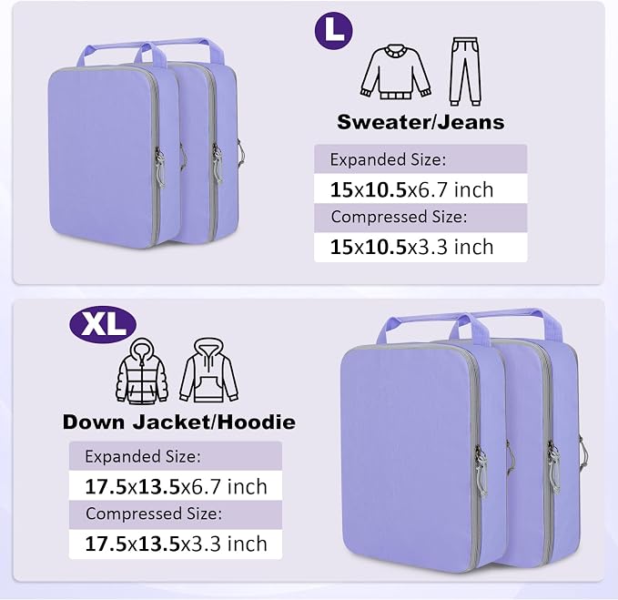 Extra Large Compression Packing Cubes for Travel Essentials, 2 Set Expandable Travel Cubes for Packing Compression Bags Luggage Suitcase Organizer, Purple - Image 4