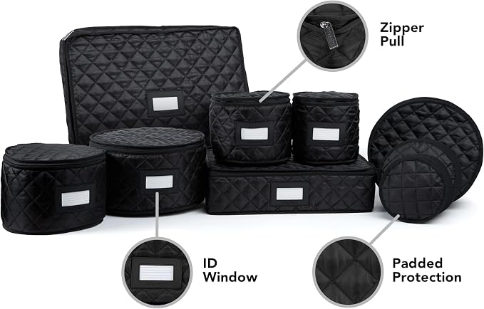 Covermates Keepsakes Dish Storage Set – Padded China & Dinnerware Storage Cases with Dividers, Cup & Stemware Storage, Quilted Polyester Protection, ID Window, Black - Image 2